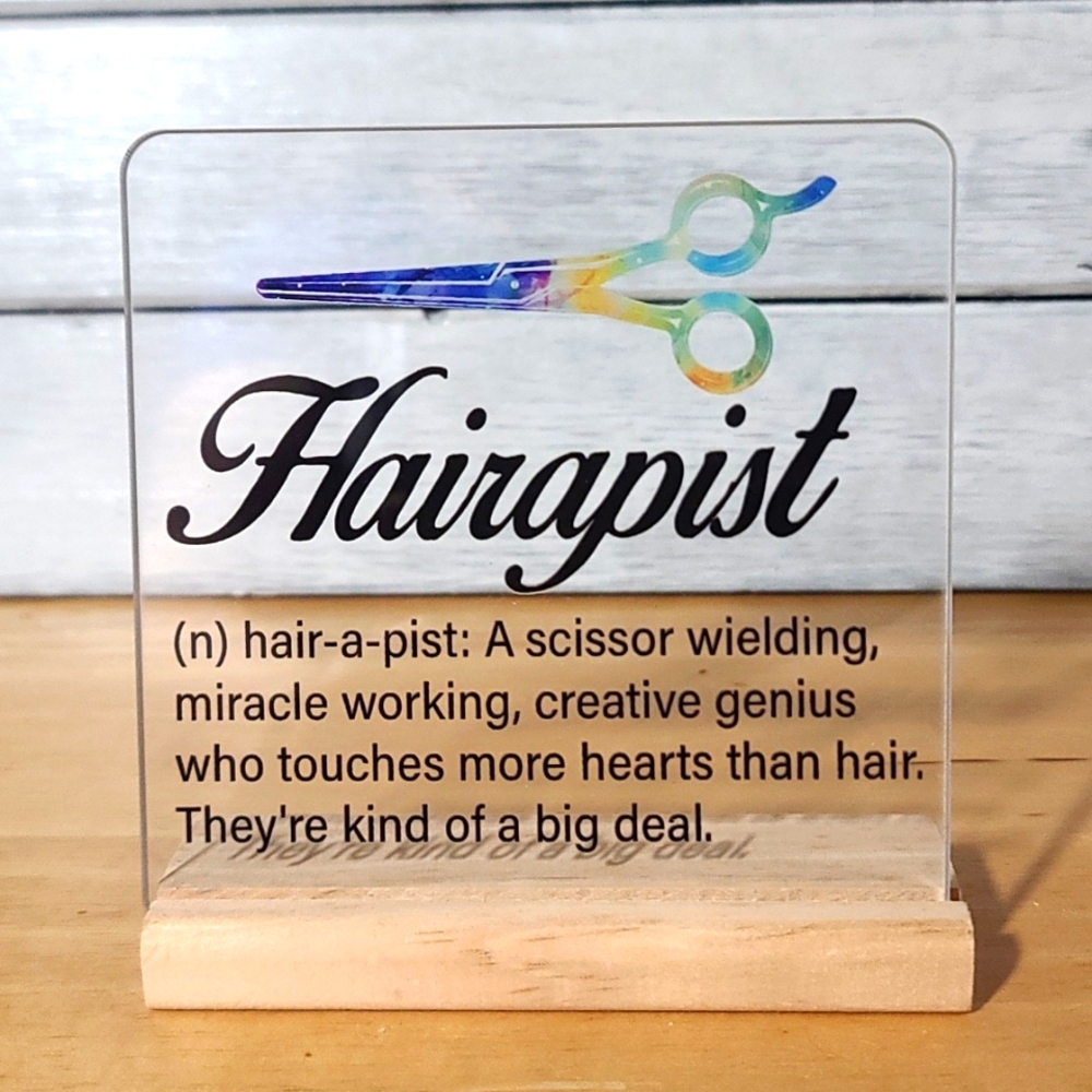 HAIRAPIST Sign for stylist, hairdresser Barber. Acrylic clear sign wood base NWT